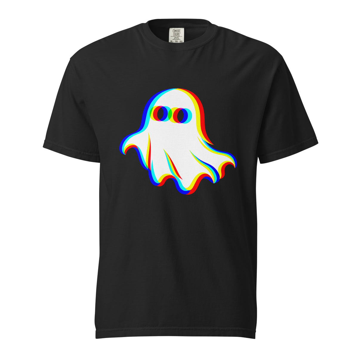 Black t shirt featuring Adult unisex T-shirt shown in white and black, featuring a central friendly white ghost with rounded edges, large dark eyes and vivid offset red, yellow, blue and turquoise outlines. No artwork te