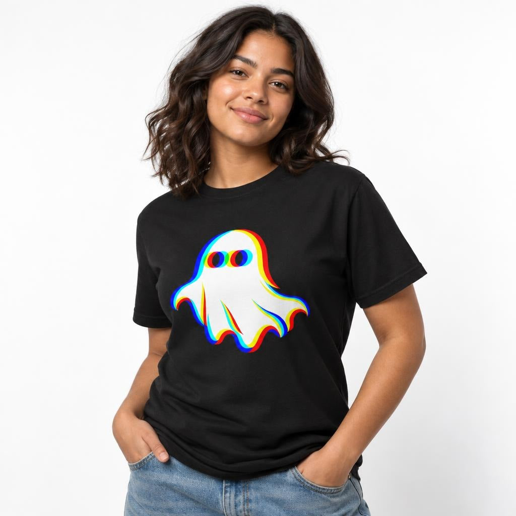Black t shirt featuring Adult unisex T-shirt shown in white and black, featuring a central friendly white ghost with rounded edges, large dark eyes and vivid offset red, yellow, blue and turquoise outlines. No artwork te