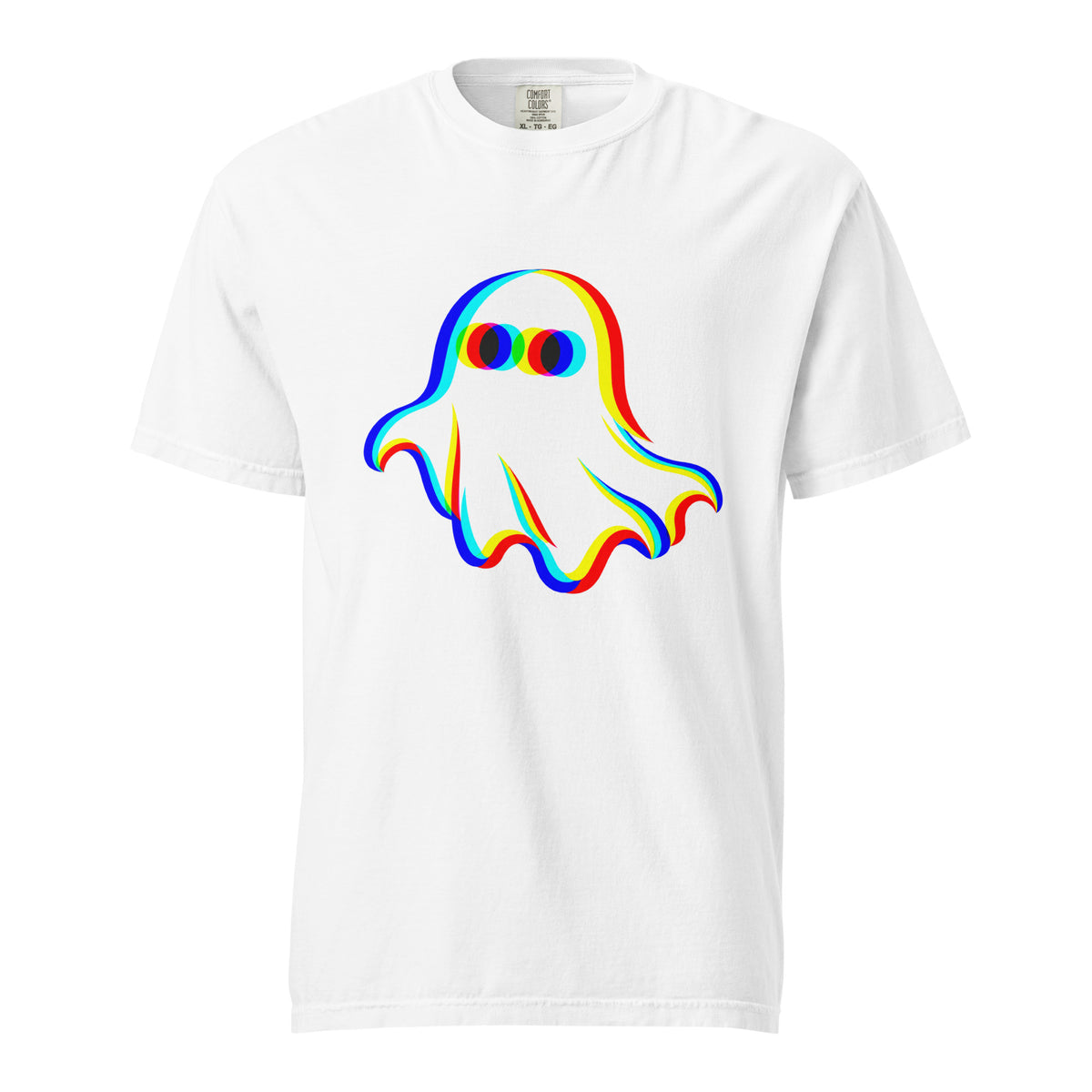 White t shirt featuring Adult unisex T-shirt shown in white and black, featuring a central friendly white ghost with rounded edges, large dark eyes and vivid offset red, yellow, blue and turquoise outlines. No artwork te