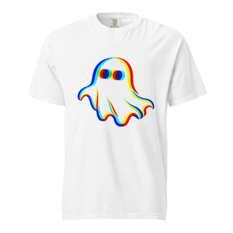 White t shirt featuring Adult unisex T-shirt shown in white and black, featuring a central friendly white ghost with rounded edges, large dark eyes and vivid offset red, yellow, blue and turquoise outlines. No artwork te