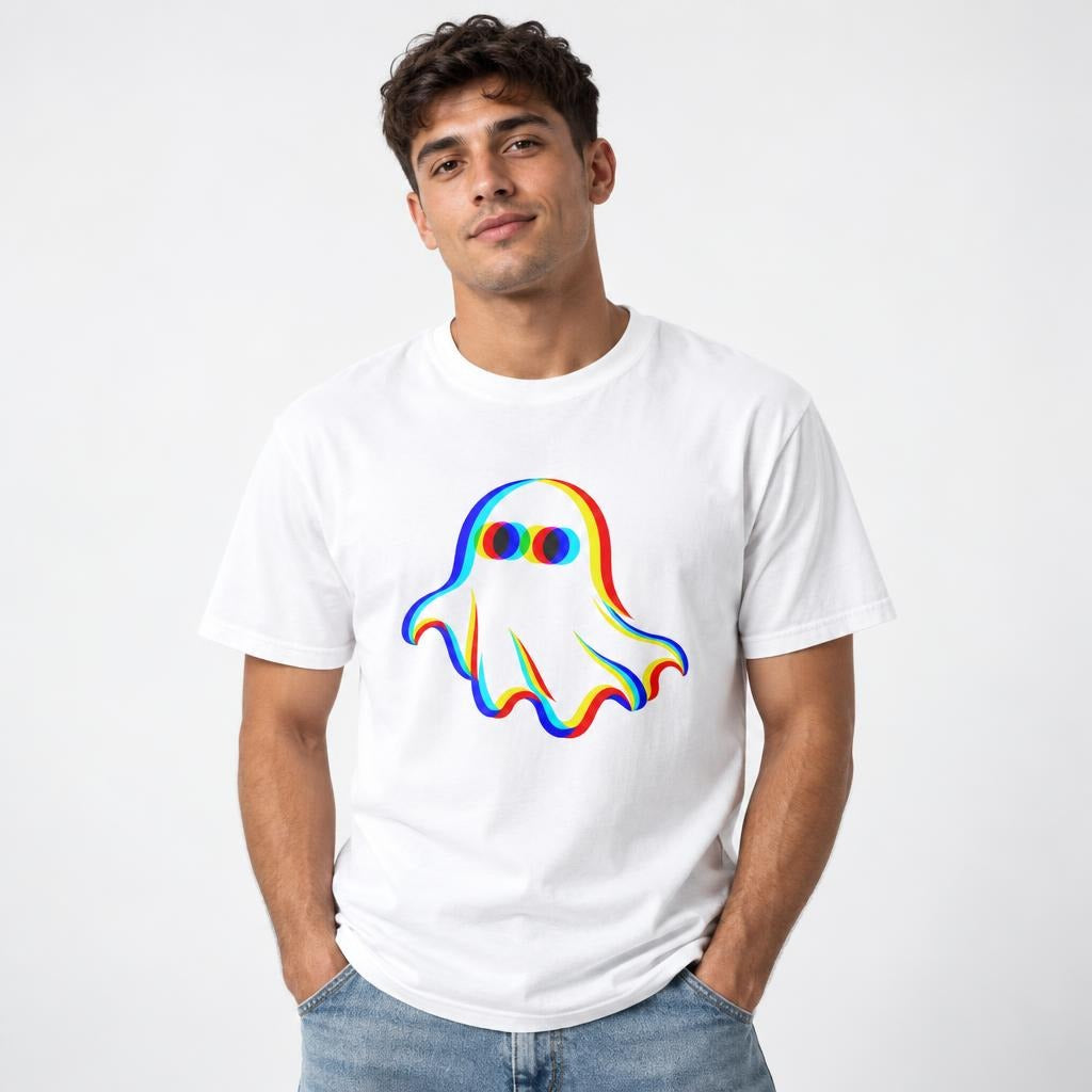 White t shirt featuring Adult unisex T-shirt shown in white and black, featuring a central friendly white ghost with rounded edges, large dark eyes and vivid offset red, yellow, blue and turquoise outlines. No artwork te
