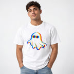 White t shirt featuring Adult unisex T-shirt shown in white and black, featuring a central friendly white ghost with rounded edges, large dark eyes and vivid offset red, yellow, blue and turquoise outlines. No artwork te