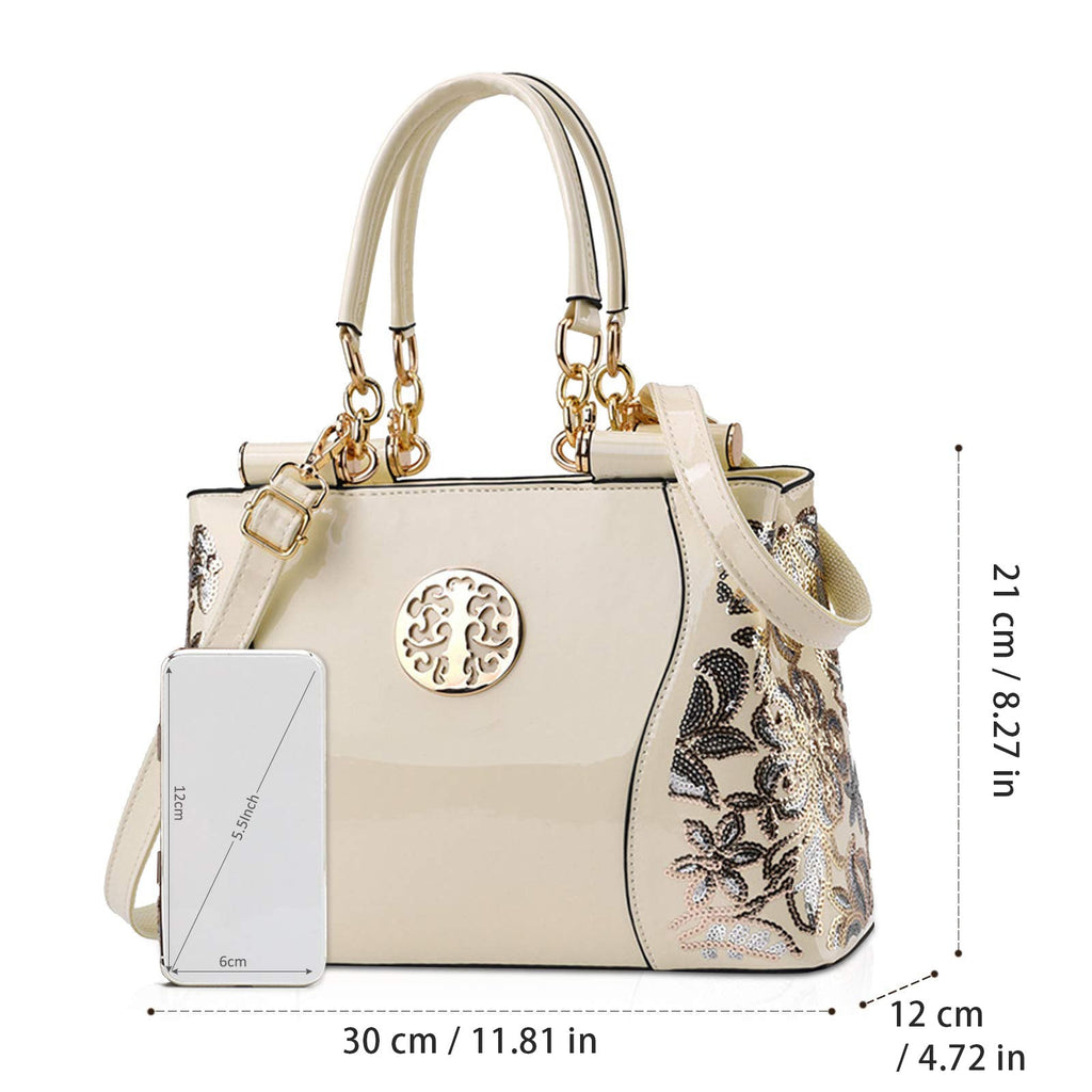 Womens Patent Look Sequin Embroidered Handbag