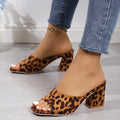 Leopard Square Toe Sandals Summer High-heeled Slippers Chunky Heel Shoes Womens