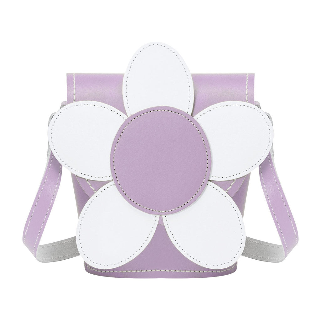 Zatchels Pastel Violet Daisy Handmade Leather Barrel Bag front view