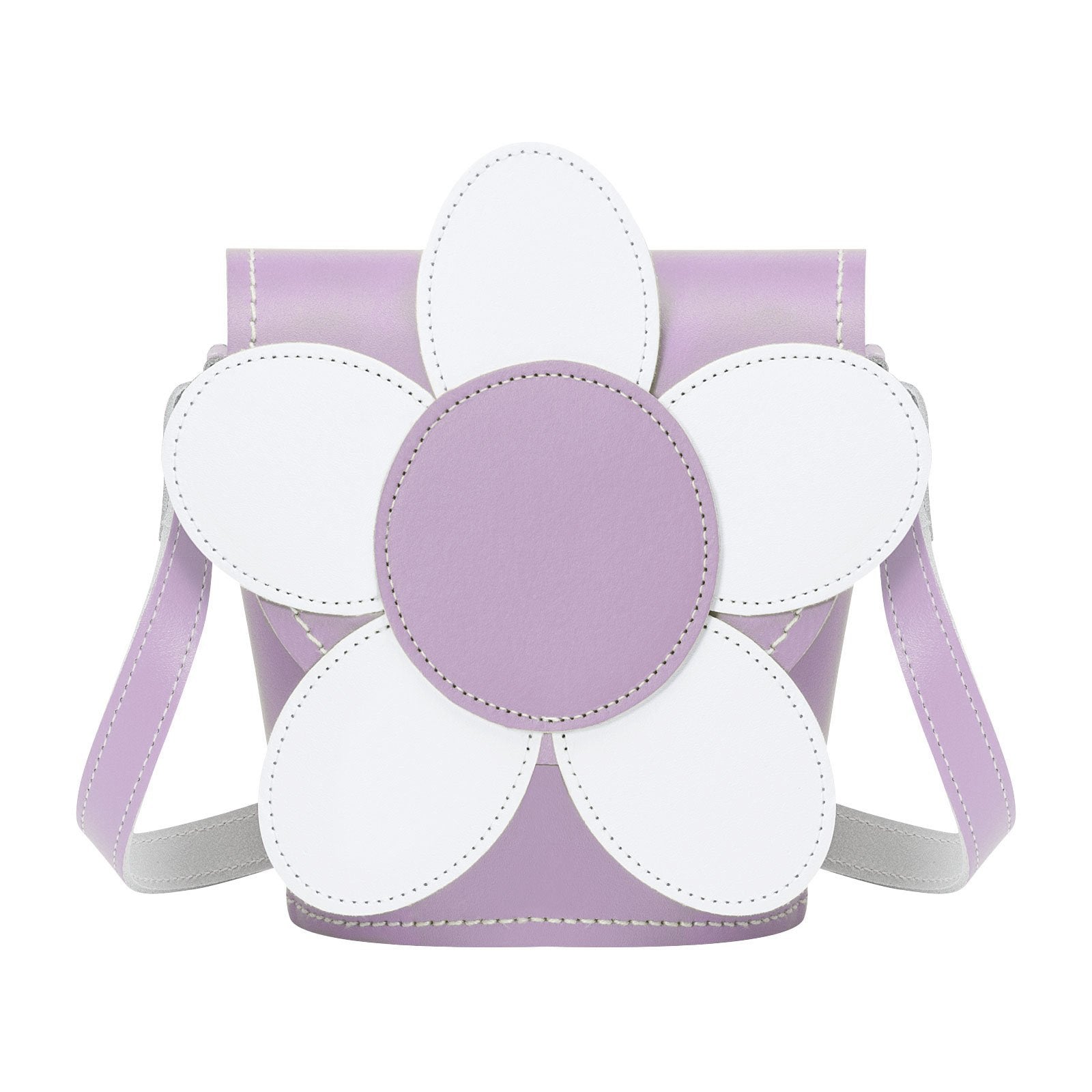 Zatchels Pastel Violet Daisy Handmade Leather Barrel Bag front view