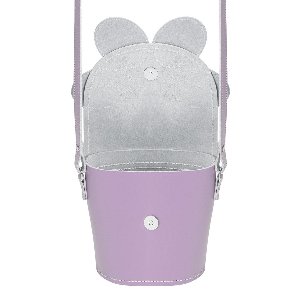Zatchels Pastel Violet Daisy leather barrel bag open view