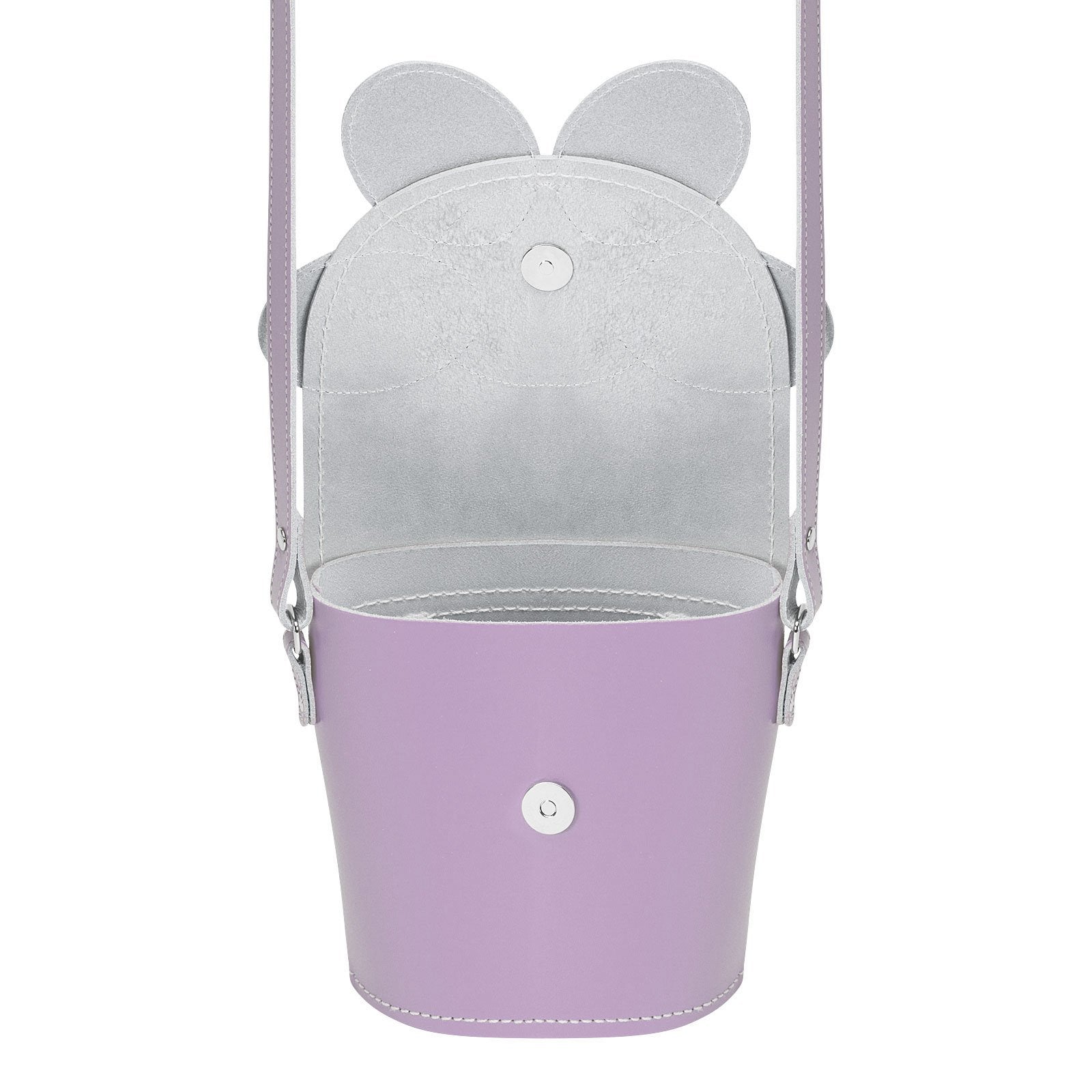 Zatchels Pastel Violet Daisy leather barrel bag open view