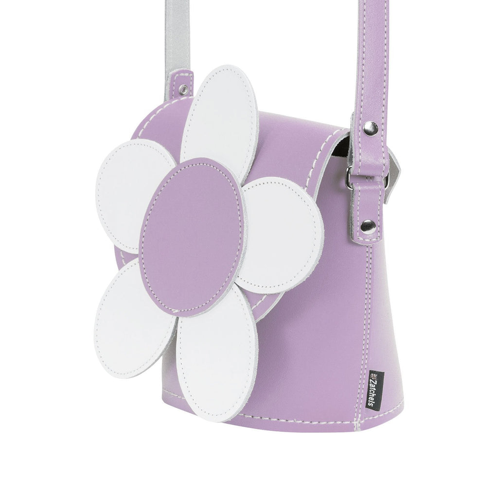 Zatchels Pastel Violet Daisy leather barrel bag side view