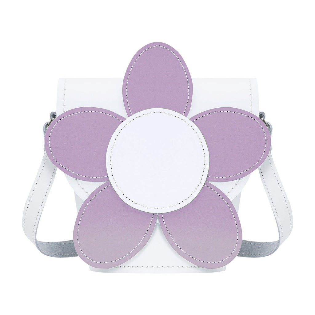Zatchels White Violet Daisy Handmade Leather Barrel Bag front view