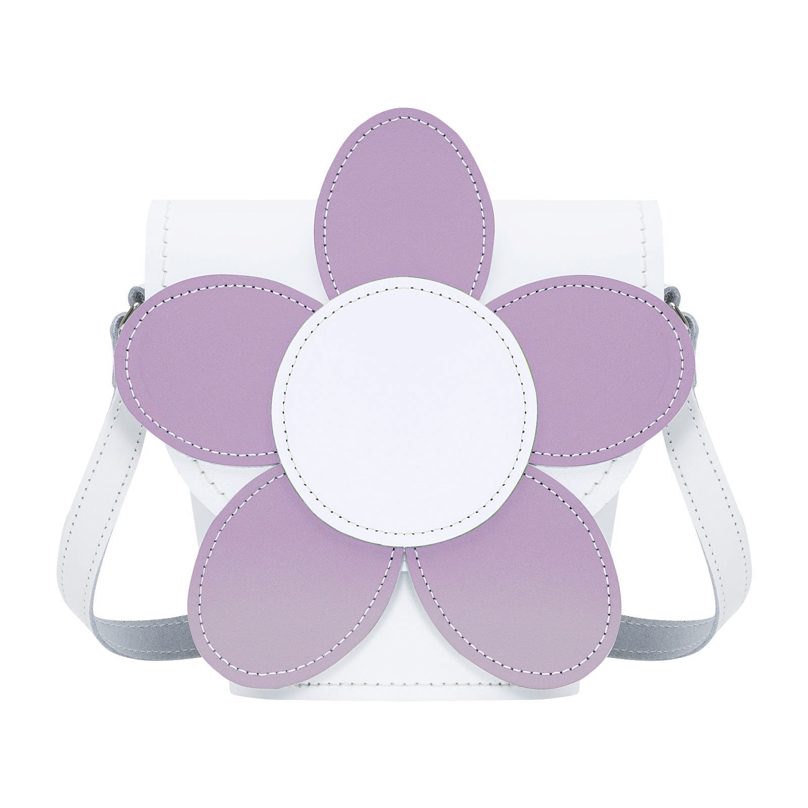 Zatchels White Violet Daisy Handmade Leather Barrel Bag front view