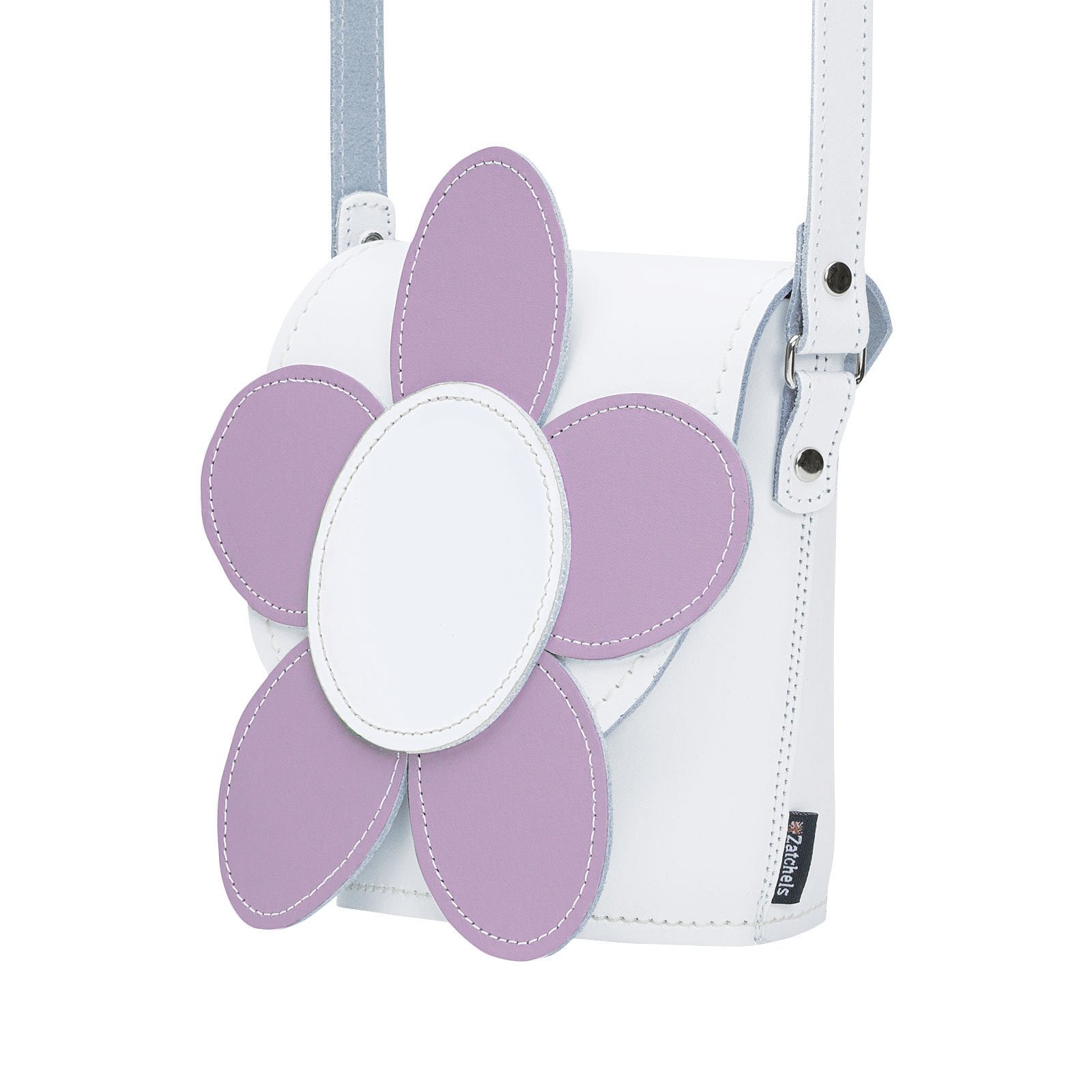 Zatchels White Violet Daisy leather barrel bag side view