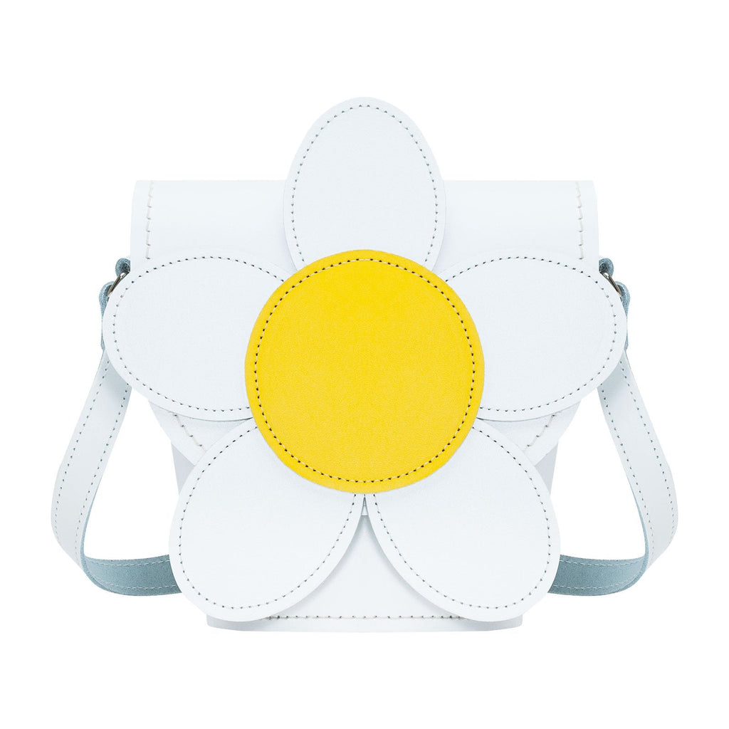 Zatchels White Daisy Handmade Leather Barrel Bag front view