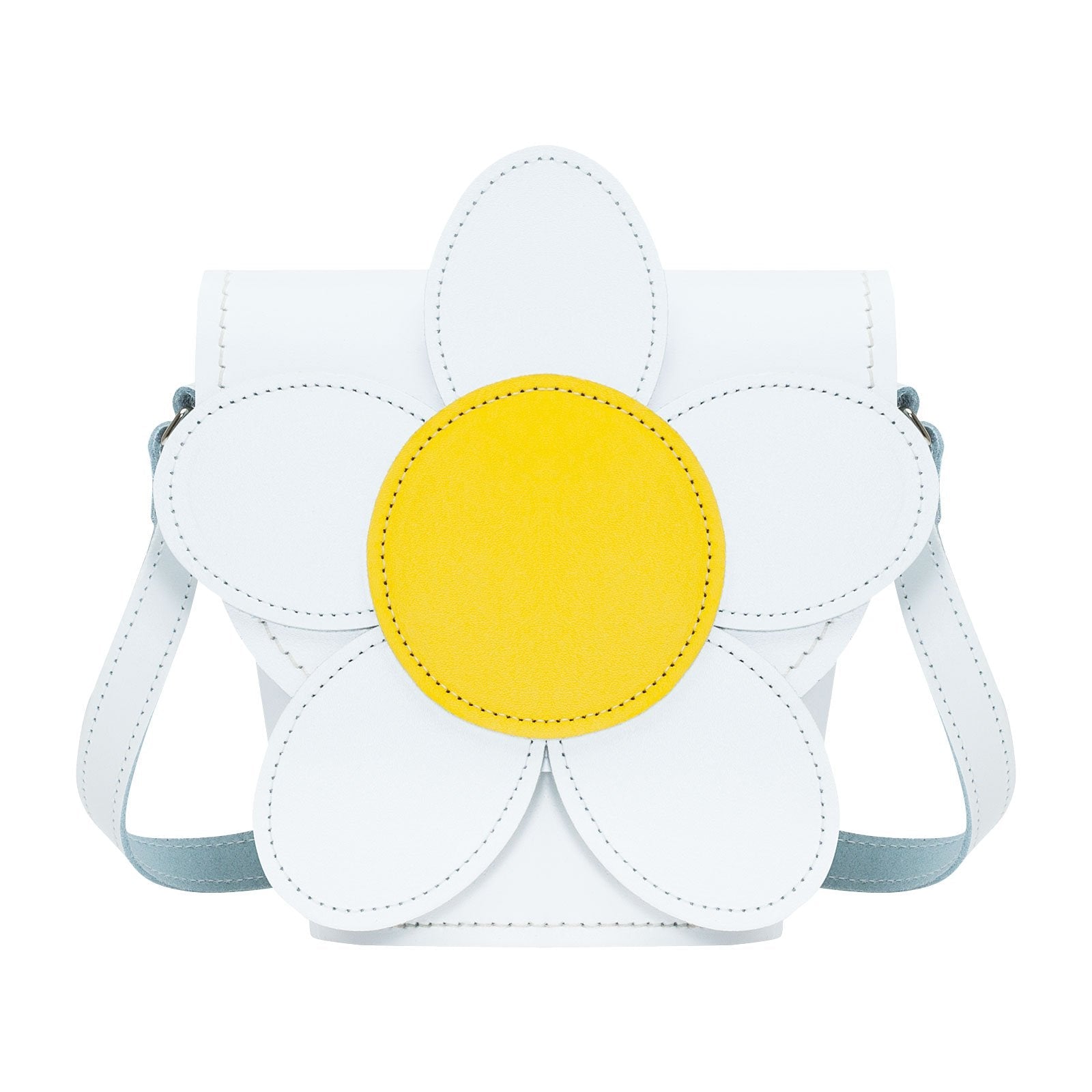 Zatchels White Daisy Handmade Leather Barrel Bag front view