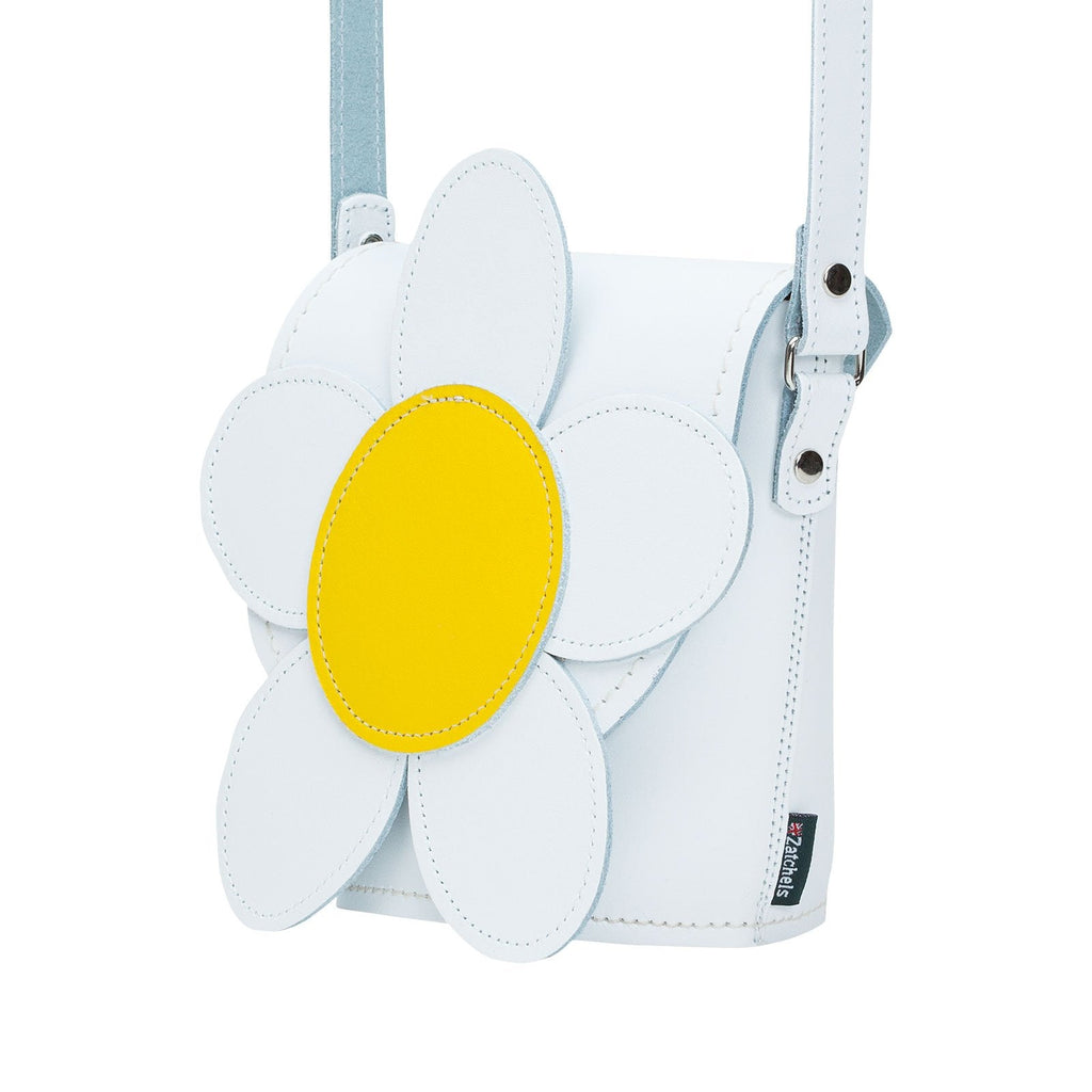 Zatchels White Daisy leather barrel bag side view