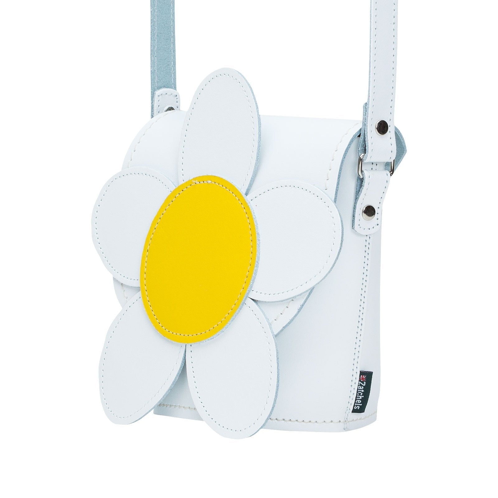 Zatchels White Daisy leather barrel bag side view