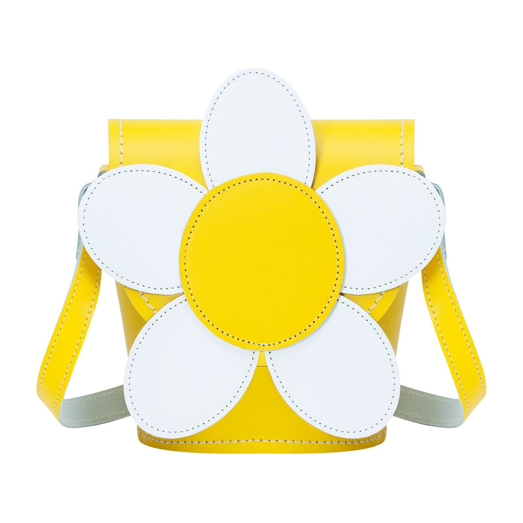 Zatchels Pastel Yellow Daisy Handmade Leather Barrel Bag front view