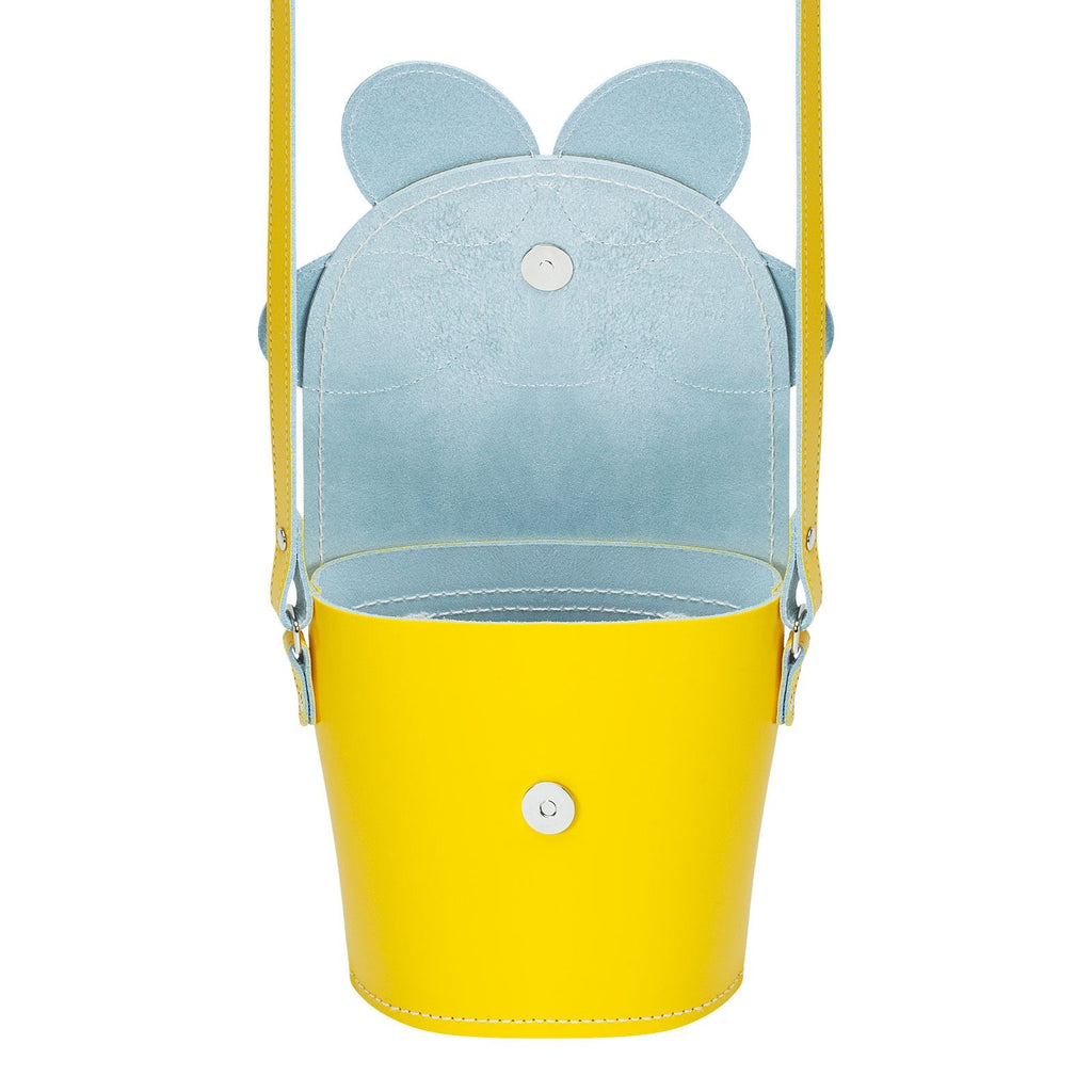 Zatchels Pastel Yellow Daisy leather barrel bag open view