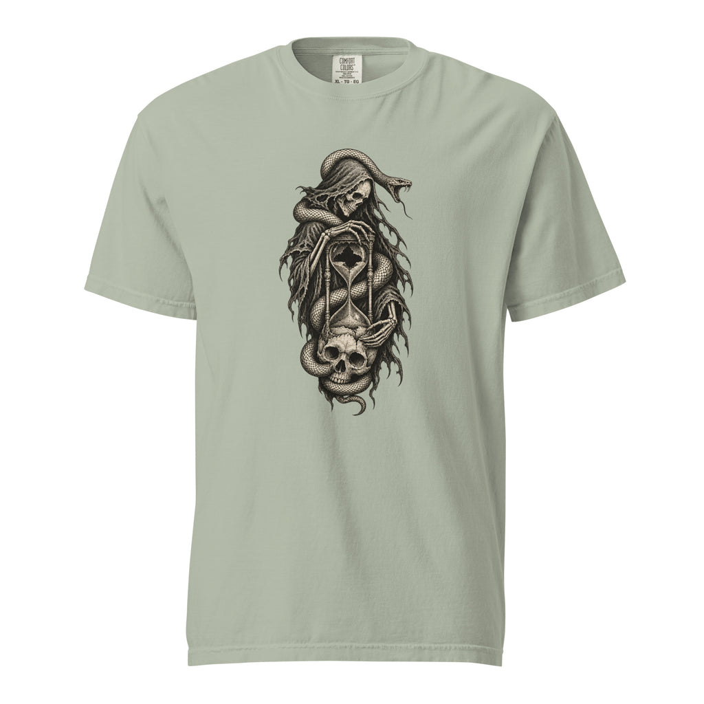 Front view of a Bay T-shirt featuring a hooded skeleton entwined with a snake and holding an hourglass above a skull.