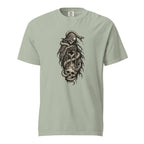 Front view of a Bay T-shirt featuring a hooded skeleton entwined with a snake and holding an hourglass above a skull.