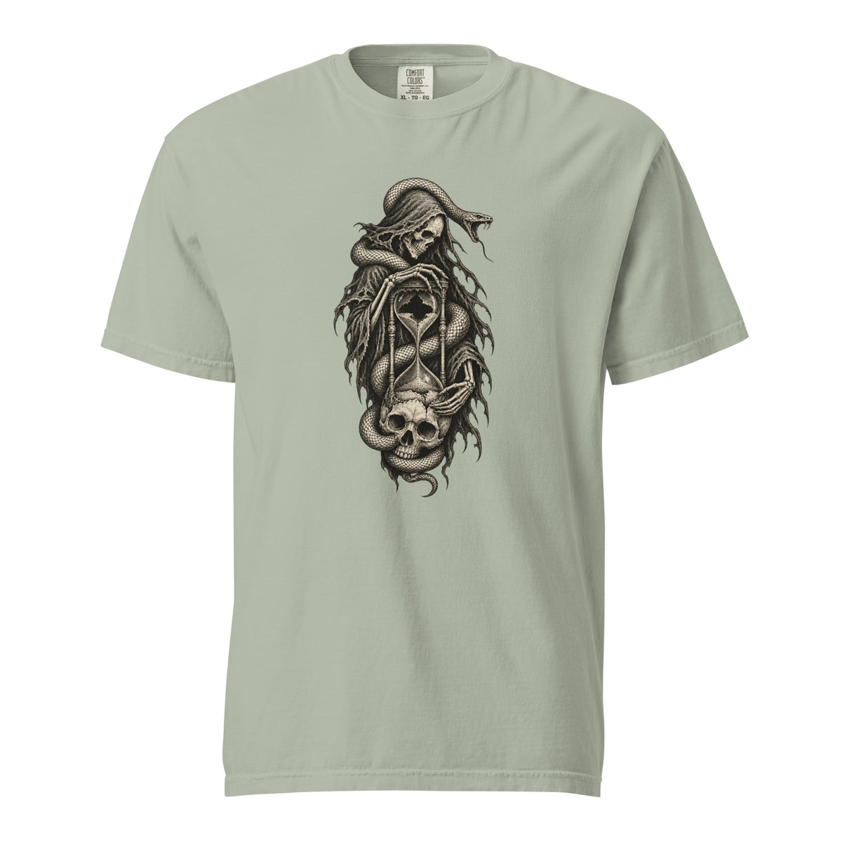 Front view of a Bay T-shirt featuring a hooded skeleton entwined with a snake and holding an hourglass above a skull.