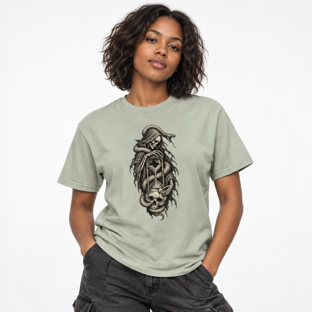 Model wearing a Bay T-shirt with a vertical dark fantasy illustration of a skeleton, snake, and hourglass.