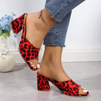 Leopard Square Toe Sandals Summer High-heeled Slippers Chunky Heel Shoes Womens