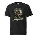 Front view of a black T-shirt featuring a vintage-style Sasquatch walking through mountains and pine trees, with “DON’T BE AN” and “Assquatch” text.