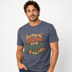 Dont Make Me Slap You With My Flip Flop t shirt in Denim worn by a studio model in an upper-body three quarter left pose on a clean white background