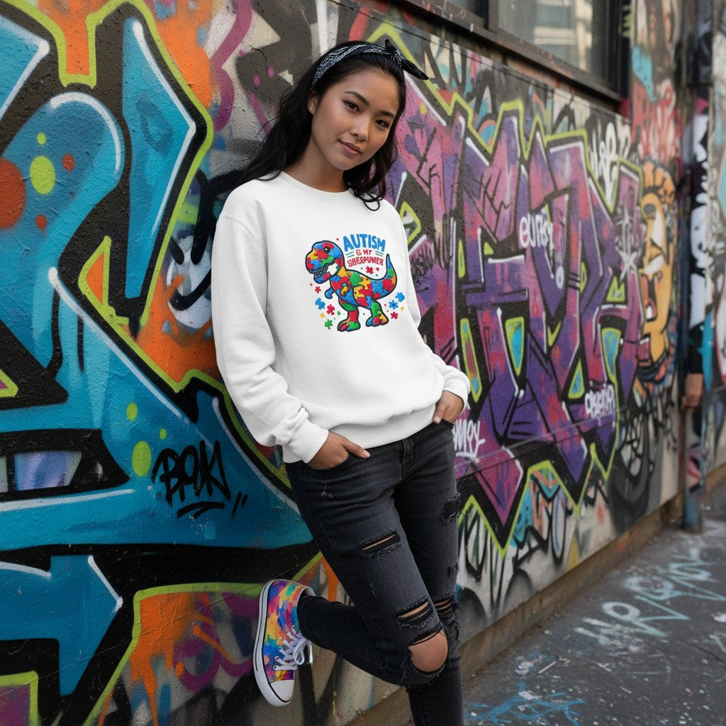 East Asian girl wearing a white autism superpower dinosaur sweatshirt.