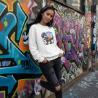 East Asian girl wearing a white autism superpower dinosaur sweatshirt.