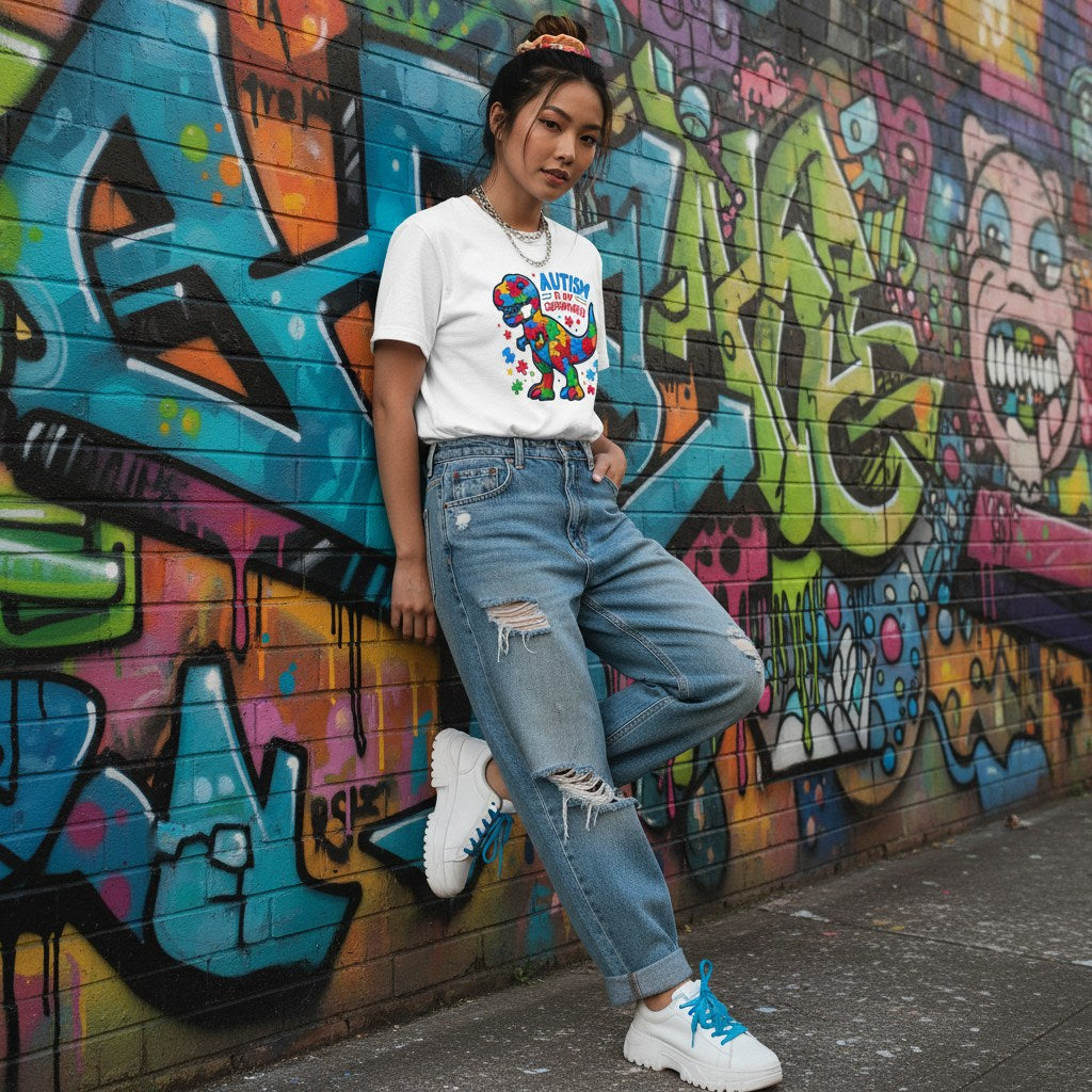 East Asian girl wearing a white autism superpower dinosaur T-shirt.