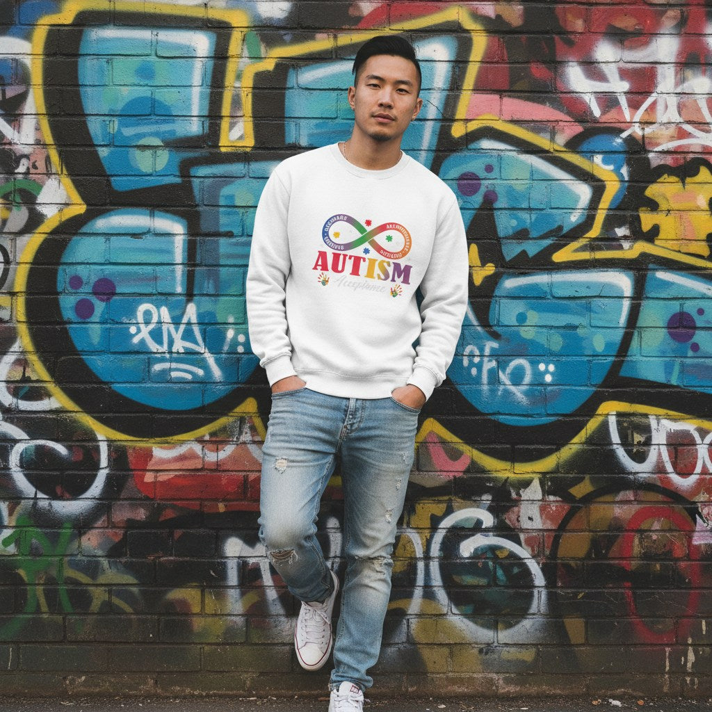 East Asian man wearing a white autism acceptance infinity sweatshirt.