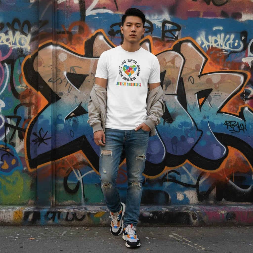 East Asian man wearing a white autism awareness puzzle heart T-shirt.