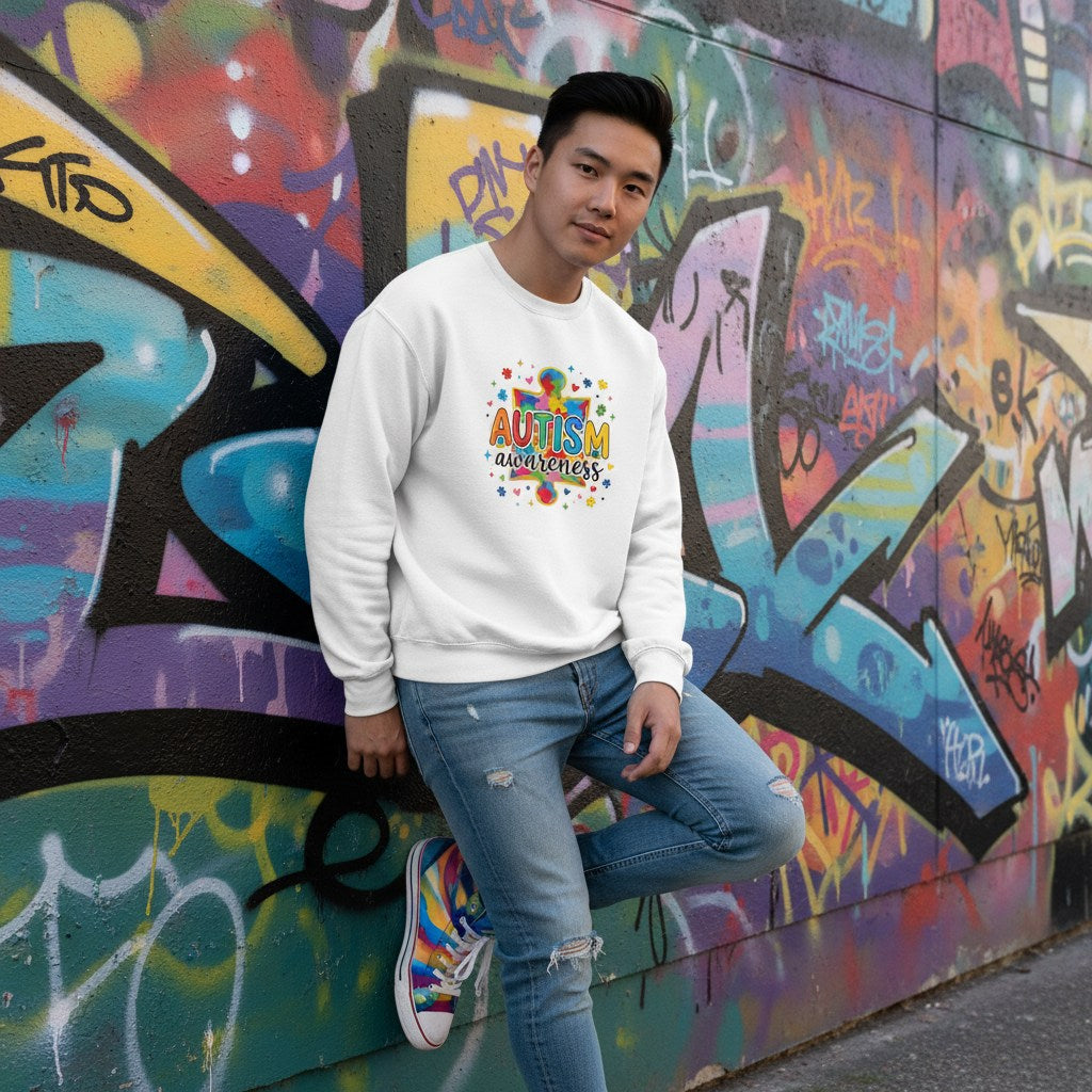 East Asian man wearing a white autism awareness giant puzzle piece sweatshirt.