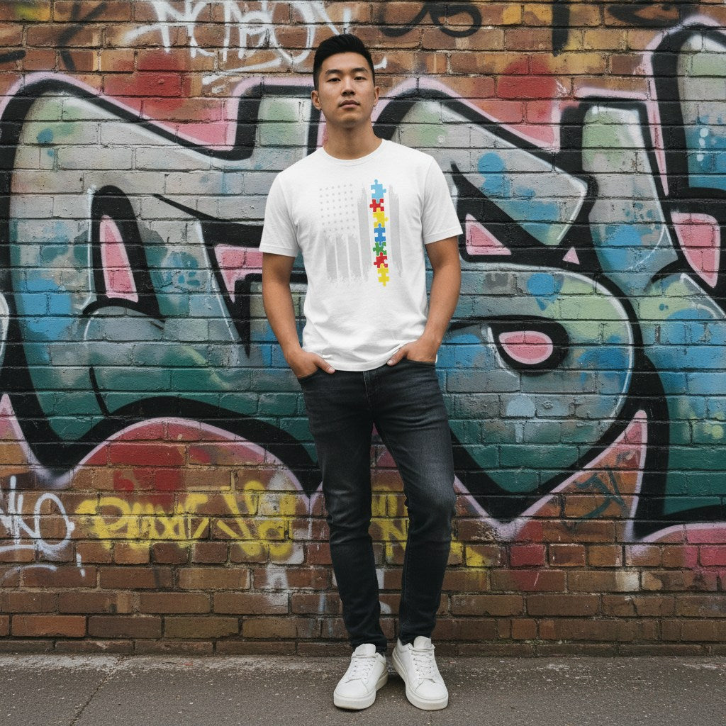 East Asian man wearing a white autism awareness American flag t-shirt.