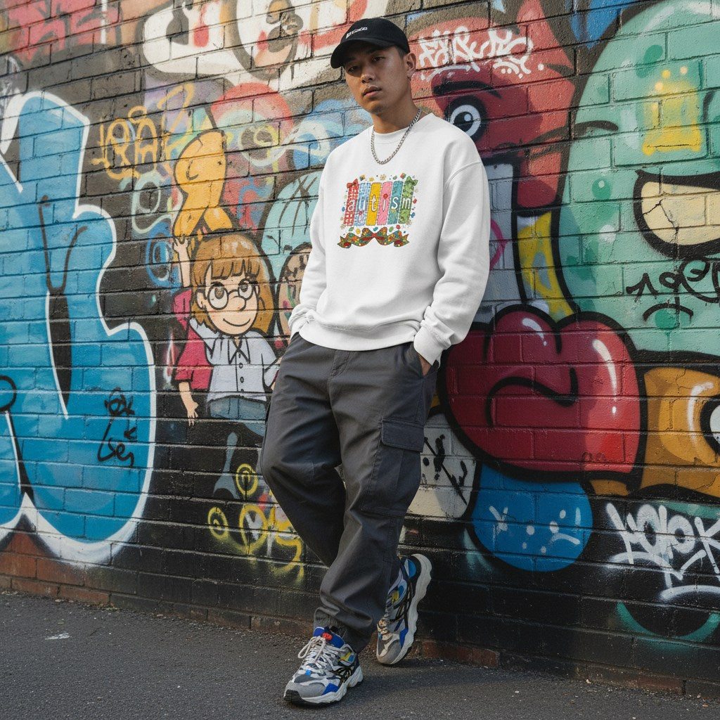 East Asian man wearing a white autism patchwork panel sweatshirt.
