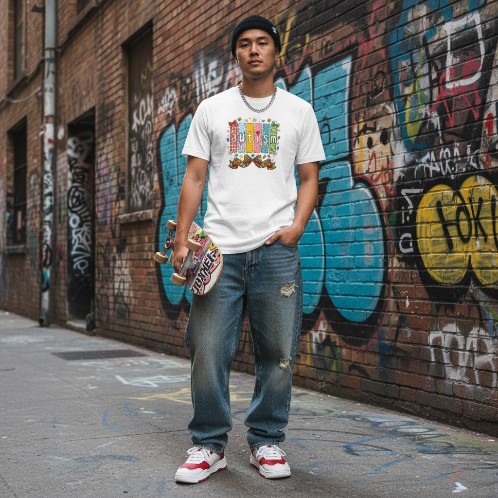 East Asian man wearing a white autism awareness patchwork panel t-shirt in a streetwear style.