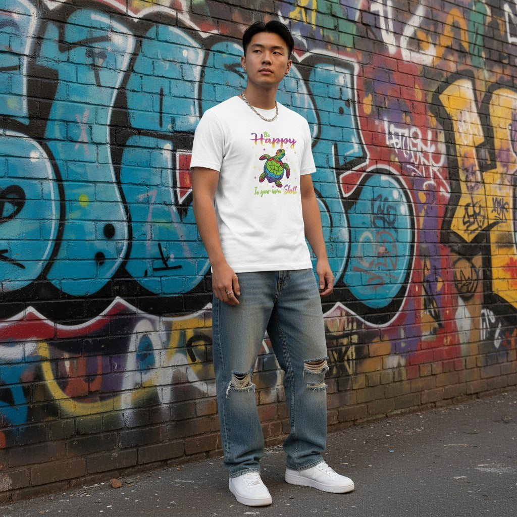 East Asian man wearing a white "Be Happy In Your Own Shell" rainbow turtle t-shirt.