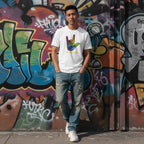 East Asian man wearing a white Be Kind Autism Awareness t-shirt.