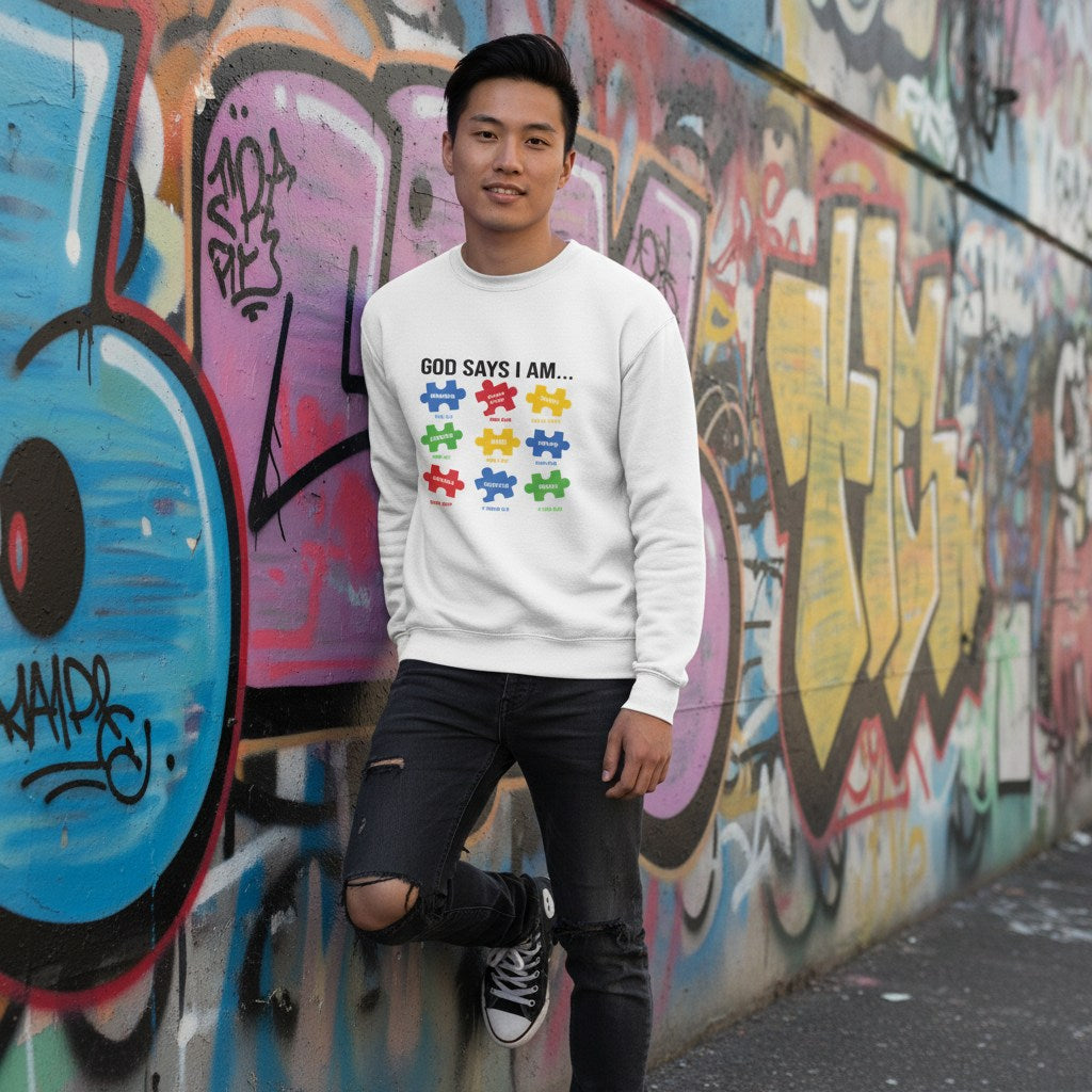 East Asian man wearing a white God Says I Am autism affirmations sweatshirt.