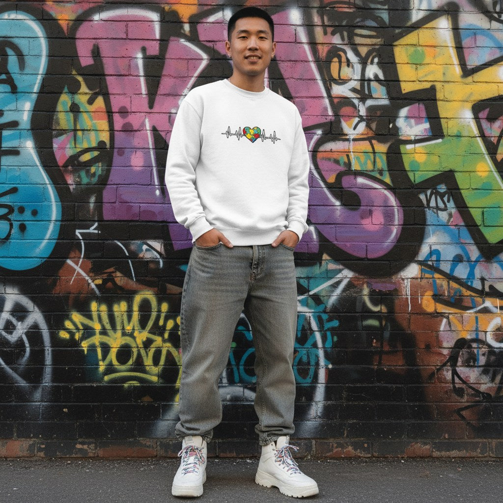 East Asian man wearing a white autism heartbeat ECG puzzle heart sweatshirt.