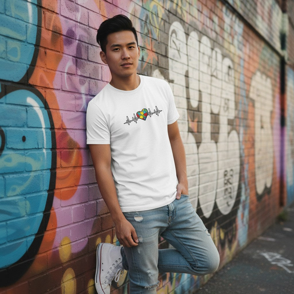 East Asian man wearing a white autism awareness heartbeat puzzle T-shirt.