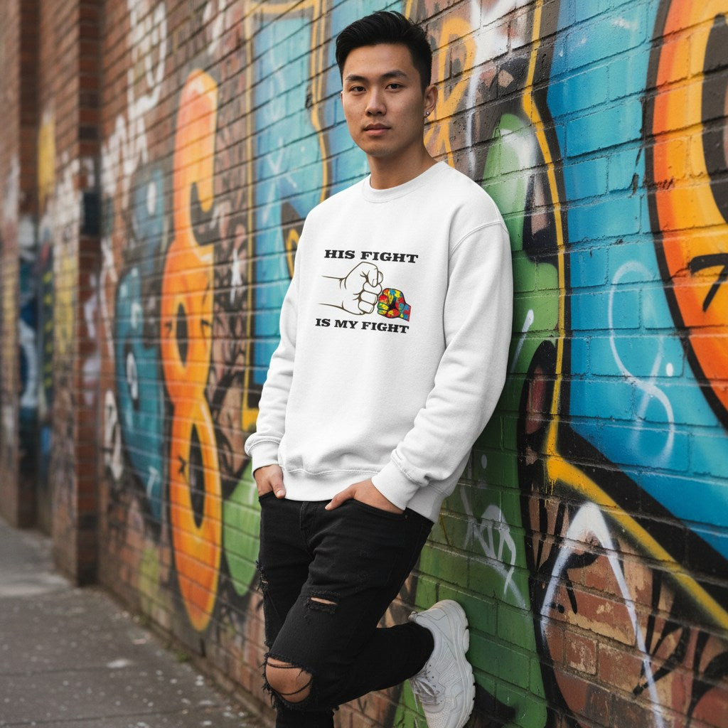 East Asian man wearing a white His Fight Is My Fight autism awareness sweatshirt.