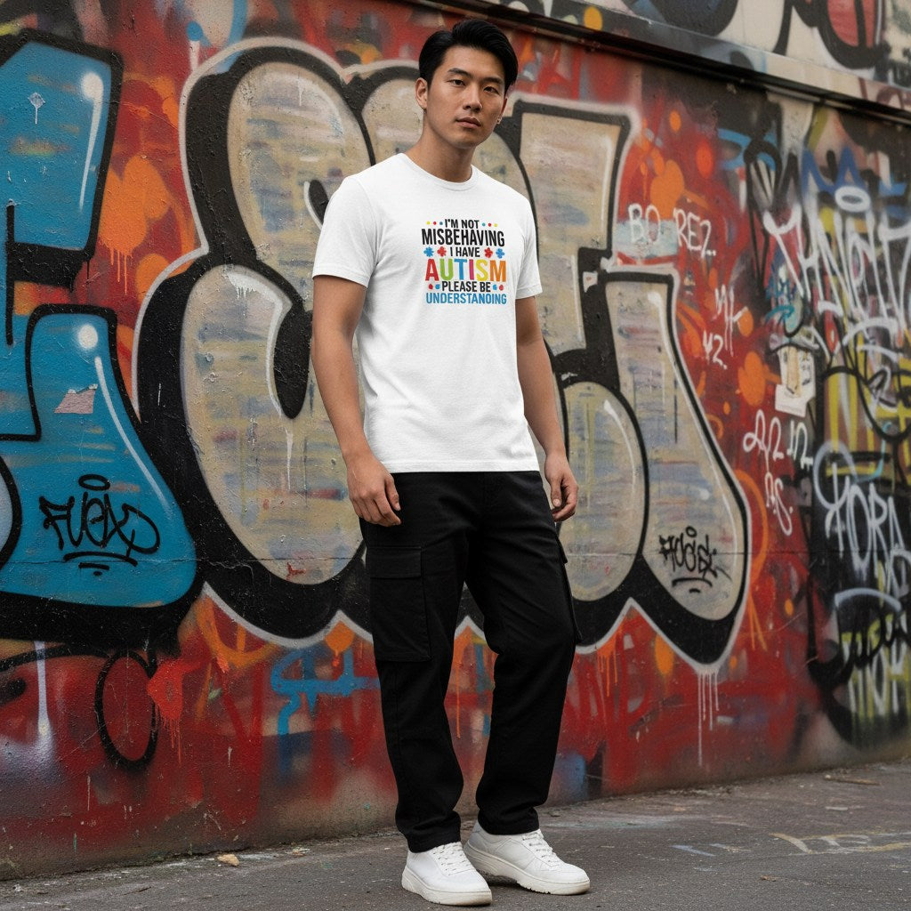East Asian man wearing a white autism awareness t-shirt.