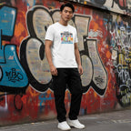 East Asian man wearing a white autism awareness t-shirt.