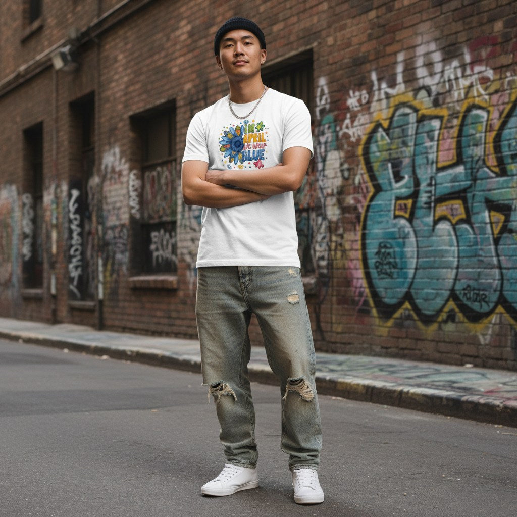 East Asian man wearing a white autism awareness T-shirt in a streetwear style.