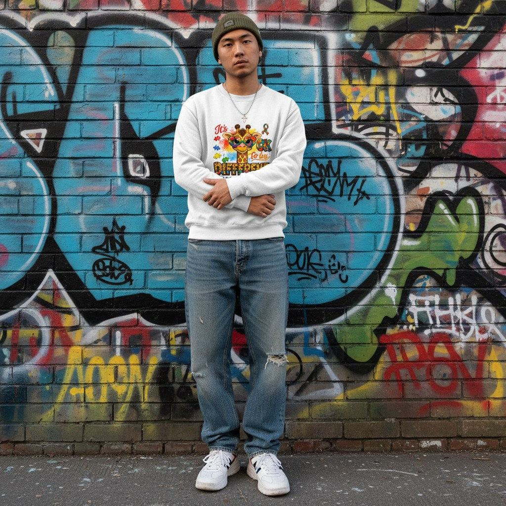 East Asian man wearing a white autism awareness giraffe sweatshirt.