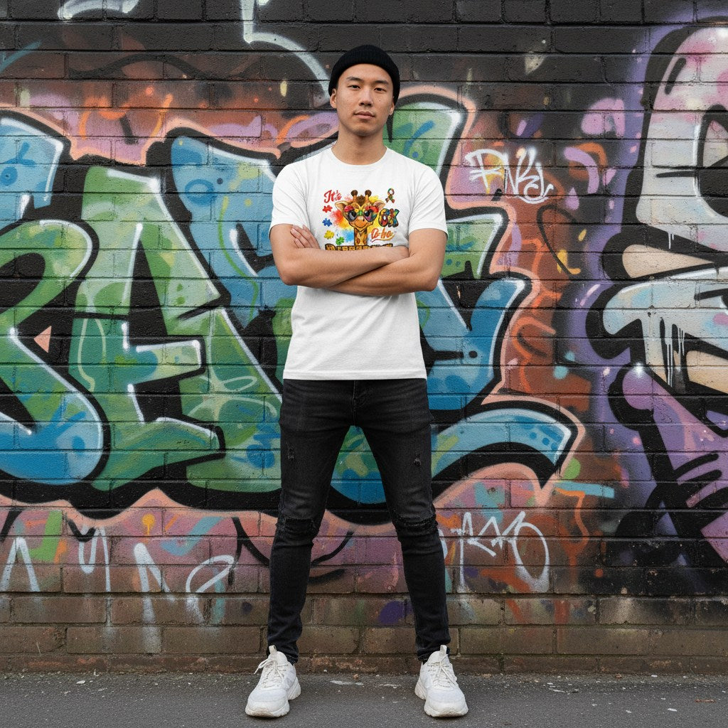 East Asian man wearing a white its ok to be different giraffe tee.