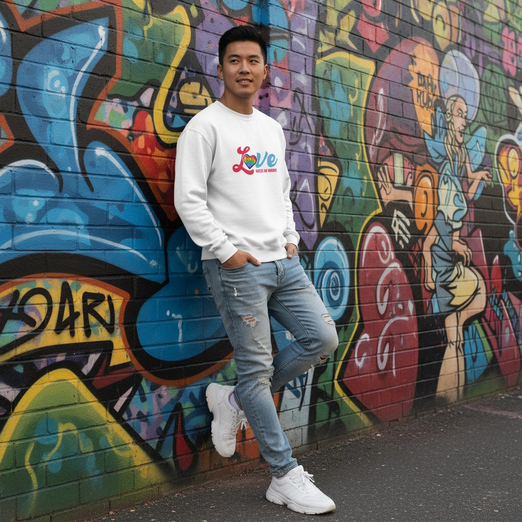 East Asian man wearing a white Love Needs No Words autism awareness sweatshirt.